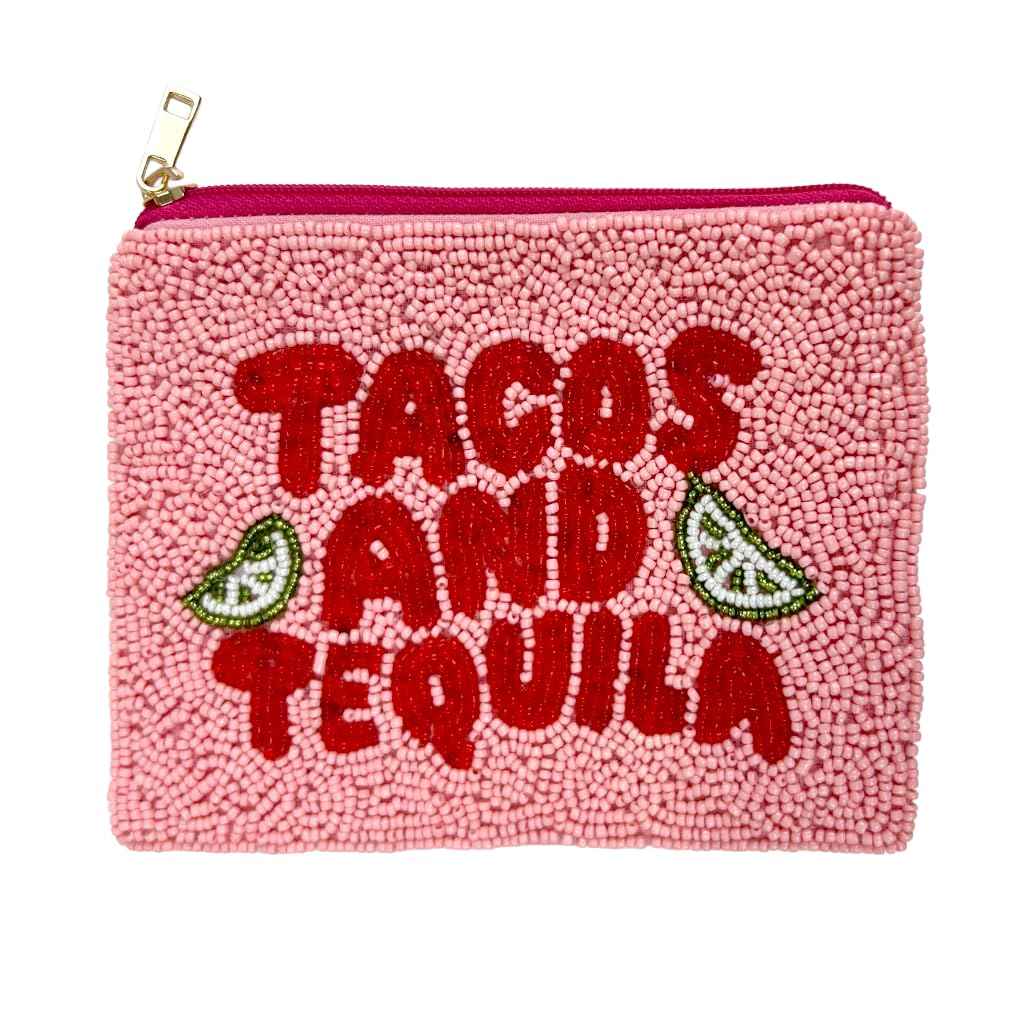 HOTBeaded Coin Purse Change Zipper Pouch Wallet Tacos & Tequila | Handmade Beadwork, Compact Organizer, Cash Holder, Card Storage, Makeup Pouch, Giftable Accessory, Everyday Carry