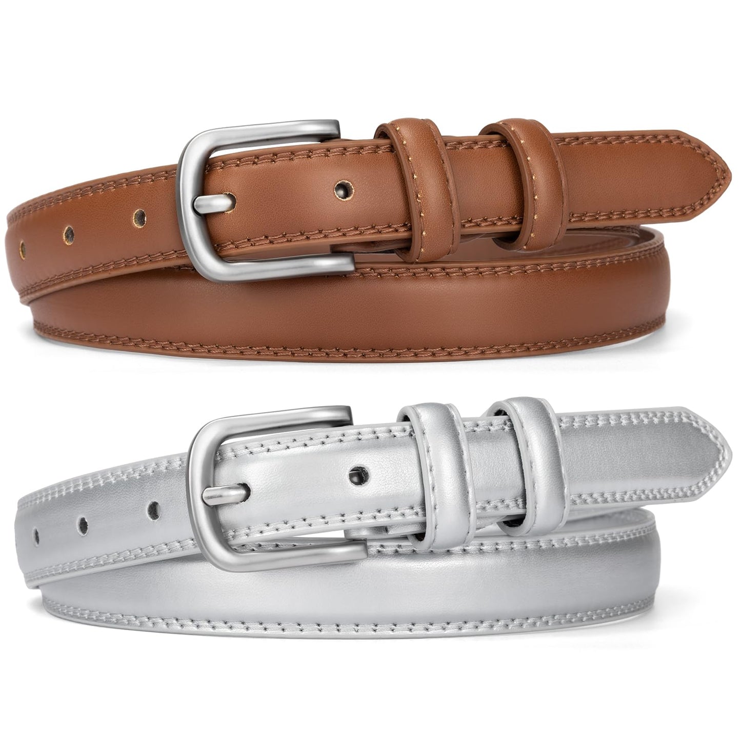 HOT2 Pack Leather Belts for Women Trendy, Women's Belts for Jeans Pants Dresses with Silver Buckle