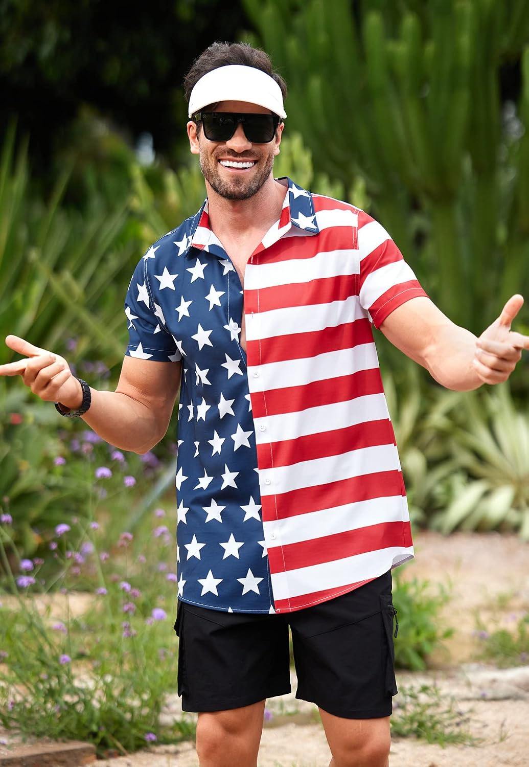 HOTArvilhill Men American Flag Button Shirt 4th of July Short Sleeve Shirts (S-3XL)