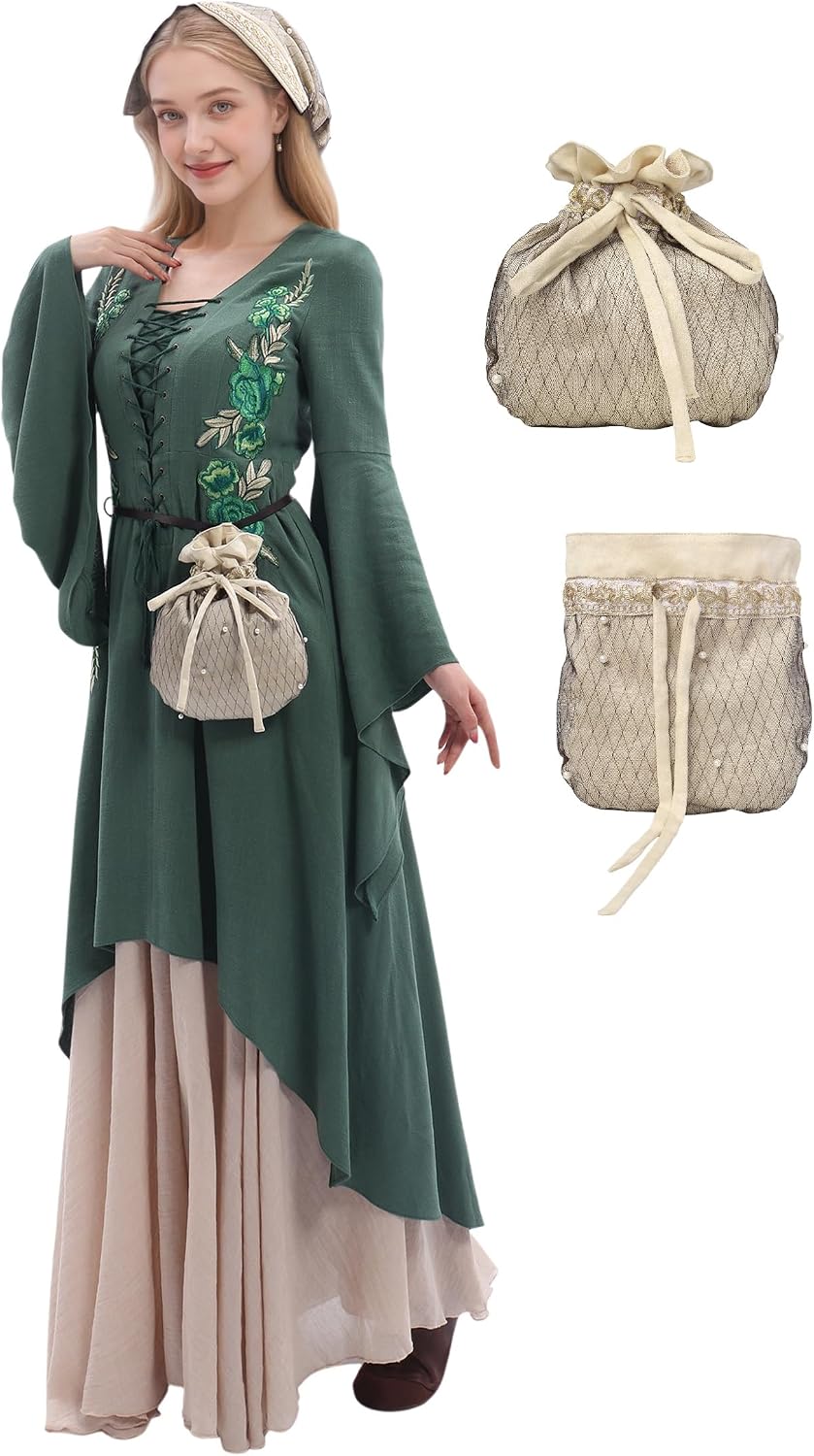 HOTRenaissance Drawstring Belt Pouch Ren Faire Waist Bag Fanny Velvet Pack with Beads Coin Purse (Ivory)