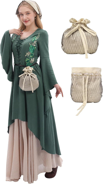 HOTRenaissance Drawstring Belt Pouch Ren Faire Waist Bag Fanny Velvet Pack with Beads Coin Purse (Ivory)