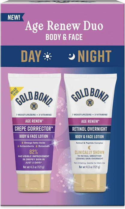 HOTGold Bond Age Renew Day & Night Duo Lotion Set for Body & Face, Crepe Corrector & Retinol Overnight Lotion Visibly Firms Skin & Visibly Smooths Skin, 8.6 oz