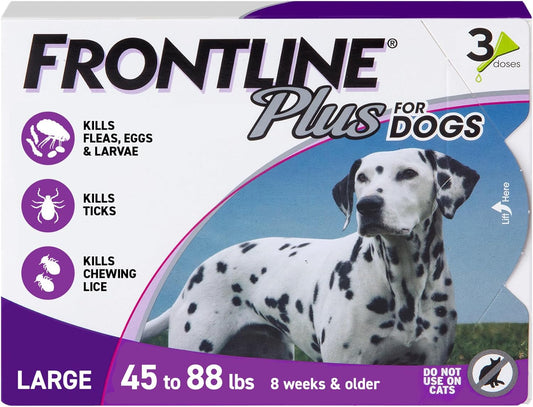 HOTFRONTLINE Plus Flea & Tick Spot Treatment for Large Breed Dogs 45-88 lbs. (Purple) Count of 3 | Count of 3, Trusted by pet owners for over 20 years,² kills fleas, ticks & chewing lice, waterproof 24 hr