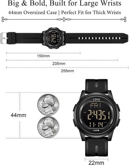 HOTCIVO Digital Watches for Women Men: Waterproof Large Dial Sports Watch 44mm | Ultra-Thin Soft Silicone Wrist Watch with Stopwatch and Alarm for Outdoor Enthusiasts - Running & Camping