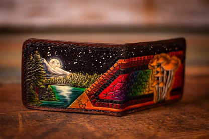 HOTMoonlit Mountains, Retro Patchwork, Azurescen, Mushrooms, Phsychedelic, Molecule, Psilocyb, Men's 3D Genuine Leather Wallet, Handmade wallet, Carved wallet, Airbrush Art, Bifold wallet, Custom wallet