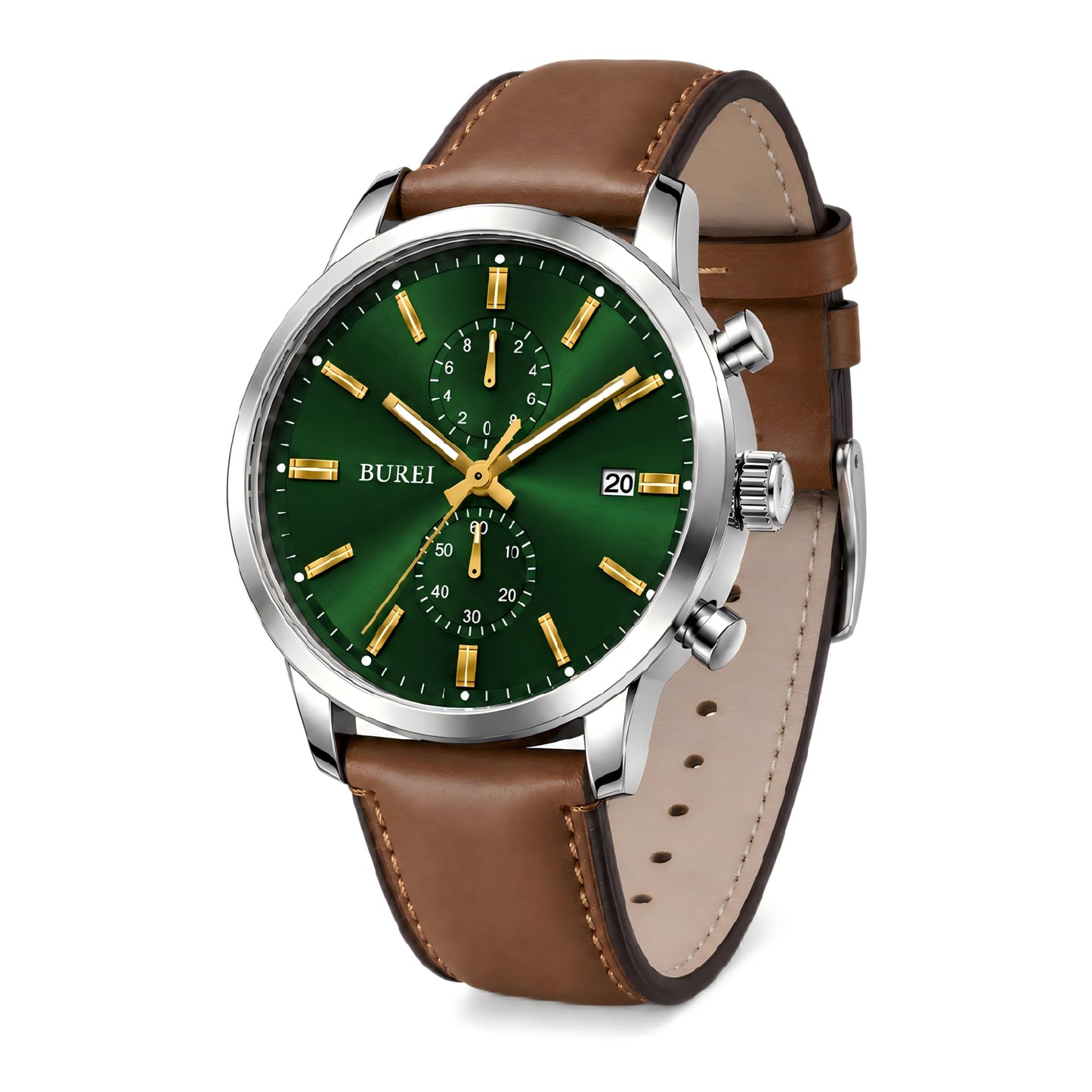 HOTBUREI Men's Leather Watches Chronograph Quartz Watches for Men Classic Cool Lightweight Wristwatch,Gift for Dad Husband Boyfriend