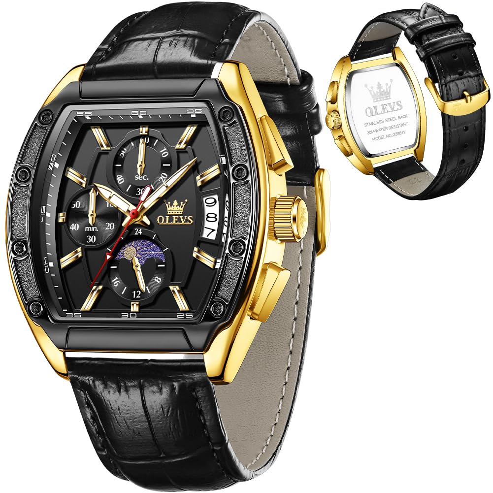 HOTOLEVS Mens Watches Analog Quartz Chronograph Square Dress Watch for Man Stainless Steel or Leather Band Waterproof Luminous Date Male Watch