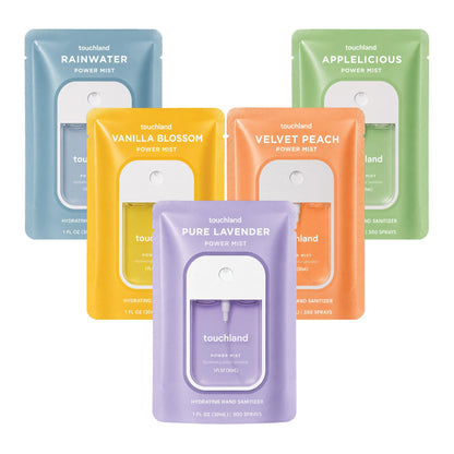 HOTTouchland Dye Free Trio Hydrating Hand Sanitizer Spray Set Travel Size | TSA ready Power Mist with skincare benefits. Rainwater, Beach Coco and Unscented.