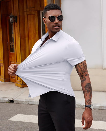 HOTLion Nardo Stretch Dress Shirts for Men Short Sleeve Slim Fit Casual Button Down Shirts Muscle Fit Men's Dress Shirts
