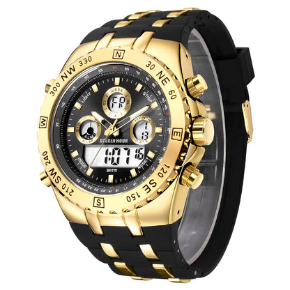 HOTGOLDEN HOUR Luxury Military Sports Men's Watches Large Size Big Face 3ATM Waterproof, Stopwatch, Date and Date, Alarm, Luminous Digital Analog Wrist Watch with Rubber Band
