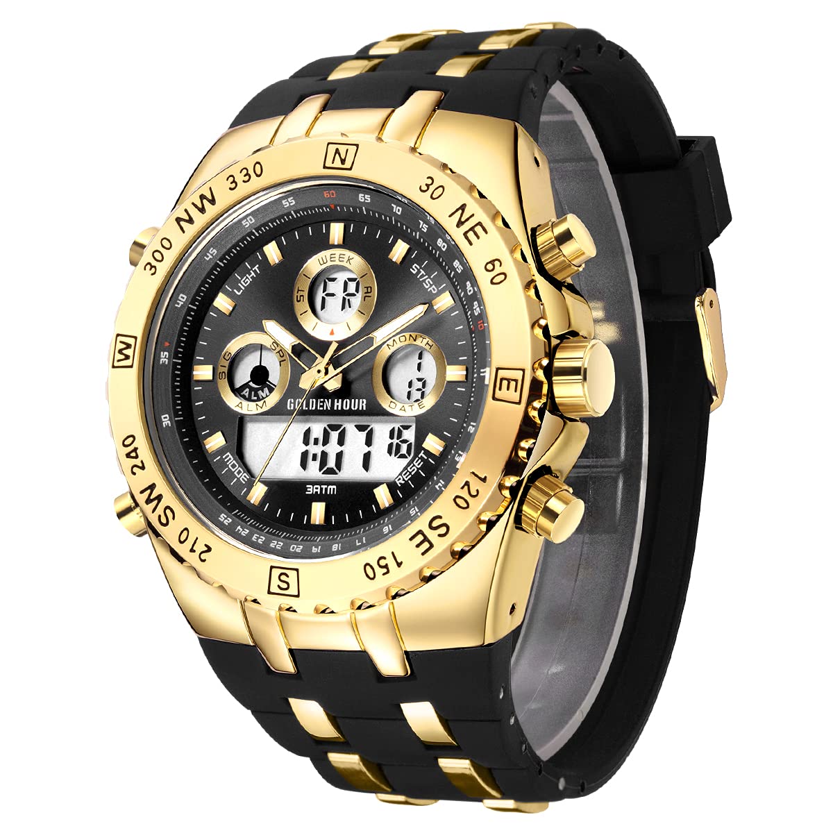 HOTGOLDEN HOUR Luxury Military Sports Men's Watches Large Size Big Face 3ATM Waterproof, Stopwatch, Date and Date, Alarm, Luminous Digital Analog Wrist Watch with Rubber Band