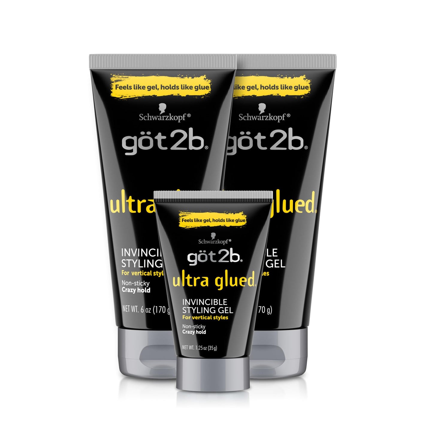 HOTgot2b Ultra Glued Invincible Styling Gel Set, 6 Fl Oz (2-Tube) + 1.25 Fl Oz Travel Size, Hair Gel for Men and Women with Extra Strong Hold, Non-Sticky, No-Flake Formula for Vertical Styles
