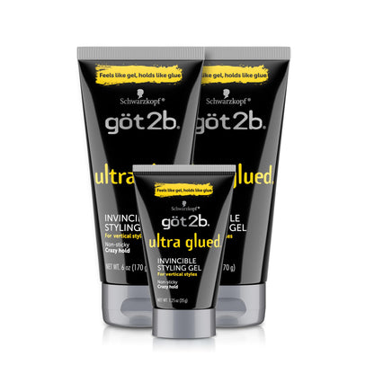HOTgot2b Ultra Glued Invincible Styling Gel Set, 6 Fl Oz (2-Tube) + 1.25 Fl Oz Travel Size, Hair Gel for Men and Women with Extra Strong Hold, Non-Sticky, No-Flake Formula for Vertical Styles