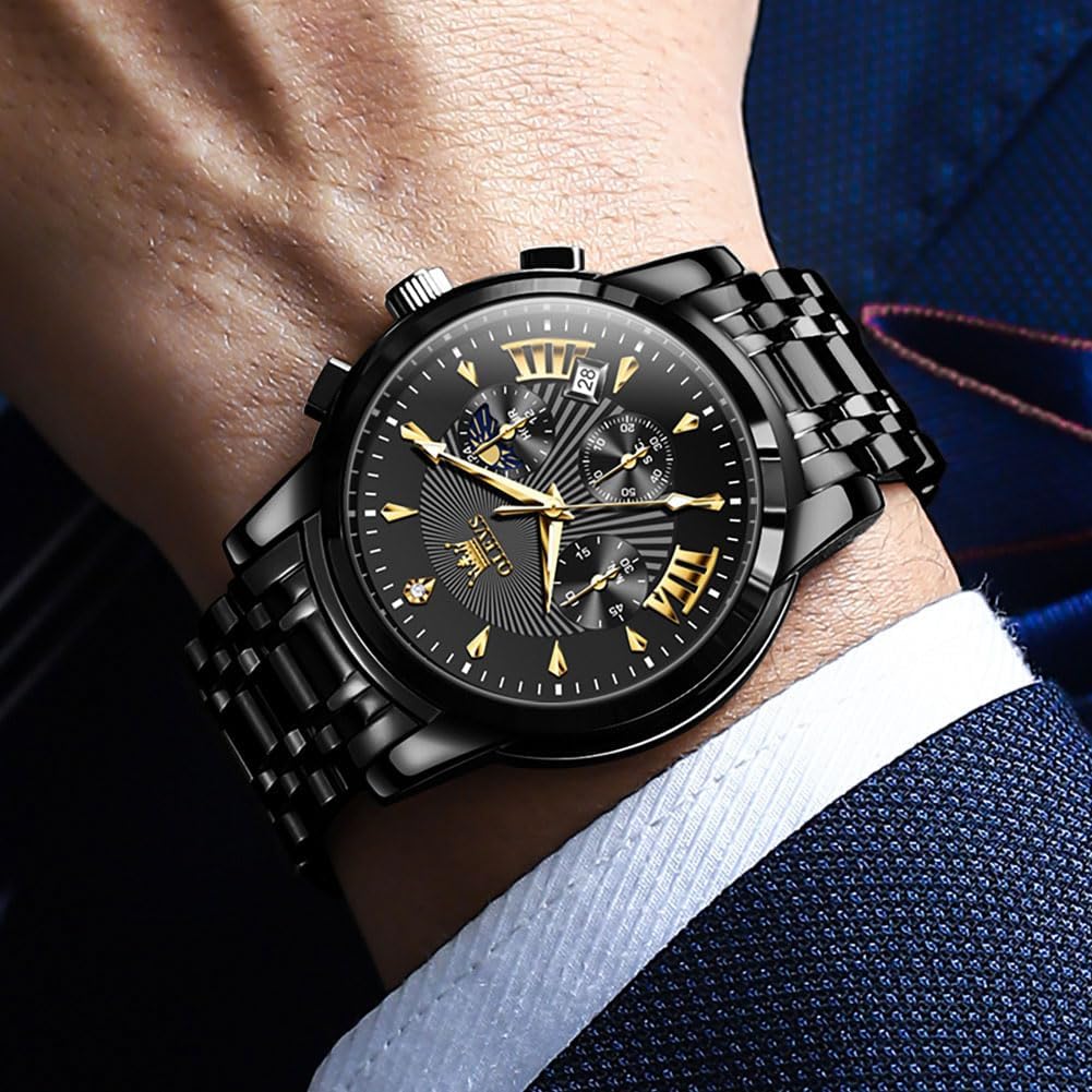 HOTOLEVS Mens Watches Luxury Waterproof Luminous Easy Read Chronograph Watches Full Gold/White Dail/Black Face with Calendar Wrist Watches