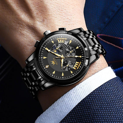 HOTOLEVS Mens Watches Luxury Waterproof Luminous Easy Read Chronograph Watches Full Gold/White Dail/Black Face with Calendar Wrist Watches