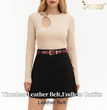 HOTJASGOOD Women Leather Belt Fashion Ladies Leather Waist Belt for Pants Jeans Dress with Gold Buckle