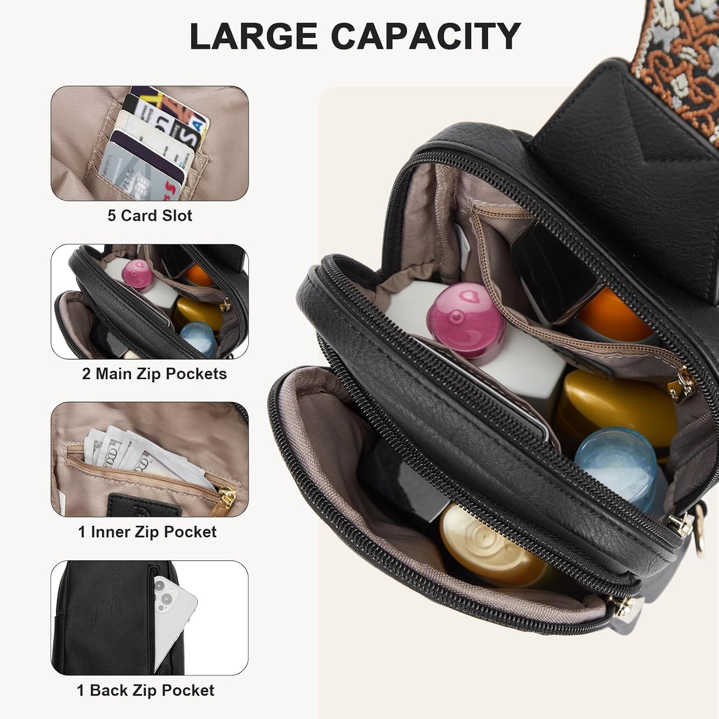 HOTBOSTANTEN Sling Bag Quilted Crossbody Bags for Women Cross Body Purse Leather Fanny Pack with Adjustable Guitar Strap