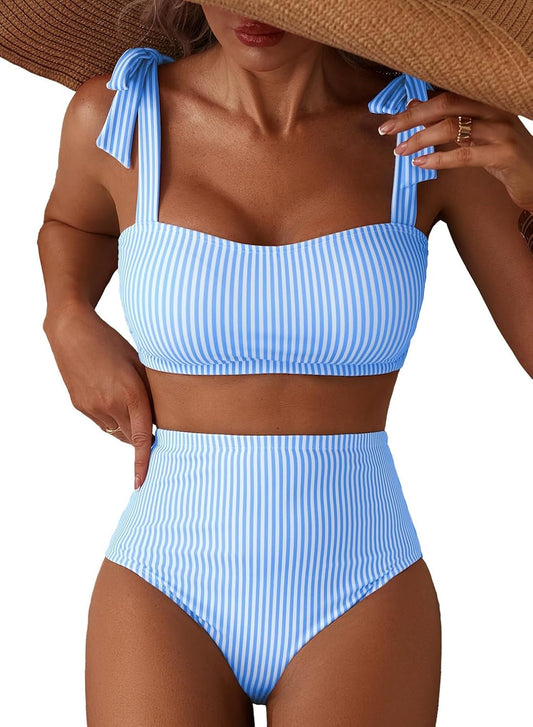 HOTHerseas Women's Tie Shoulder Bikini Sets 2 Piece Striped Swimsuits High Waisted Bathing Suits