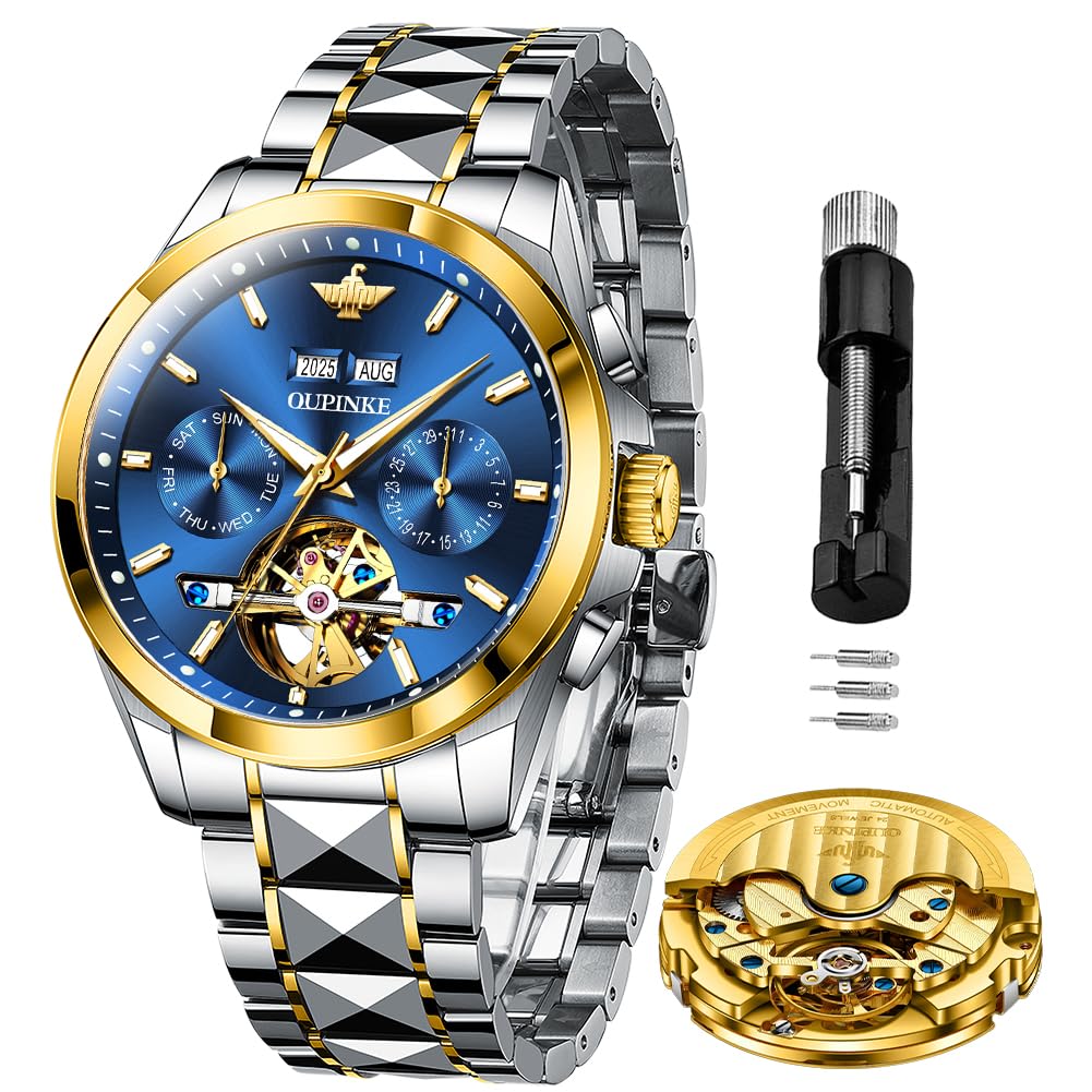 HOTOLEVS Watch for Men Diamond Business Dress Analog Quartz Stainless Steel Waterproof Luminous Date Two Tone Luxury Casual Wrist Watch Blue