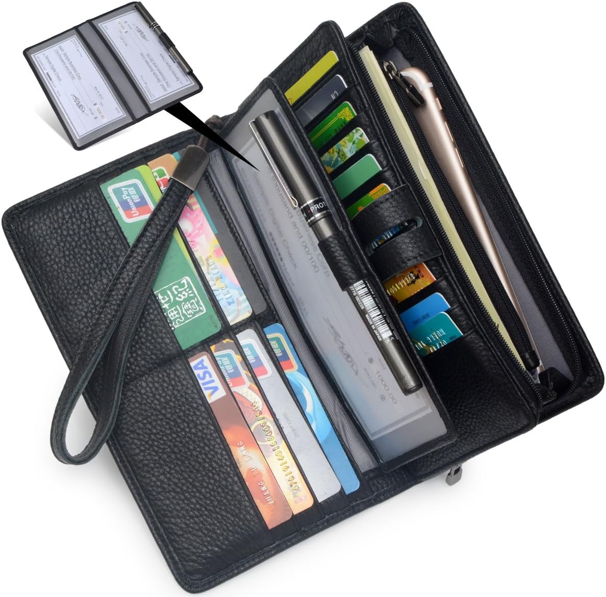 HOTBveyzi Women's Big Fat Rfid Leather Wristlet Wallet Organizer Large Phone Checkbook Holder with Zipper Pocket (Black)