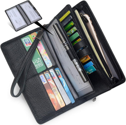 HOTBveyzi Women's Big Fat Rfid Leather Wristlet Wallet Organizer Large Phone Checkbook Holder with Zipper Pocket (Black)