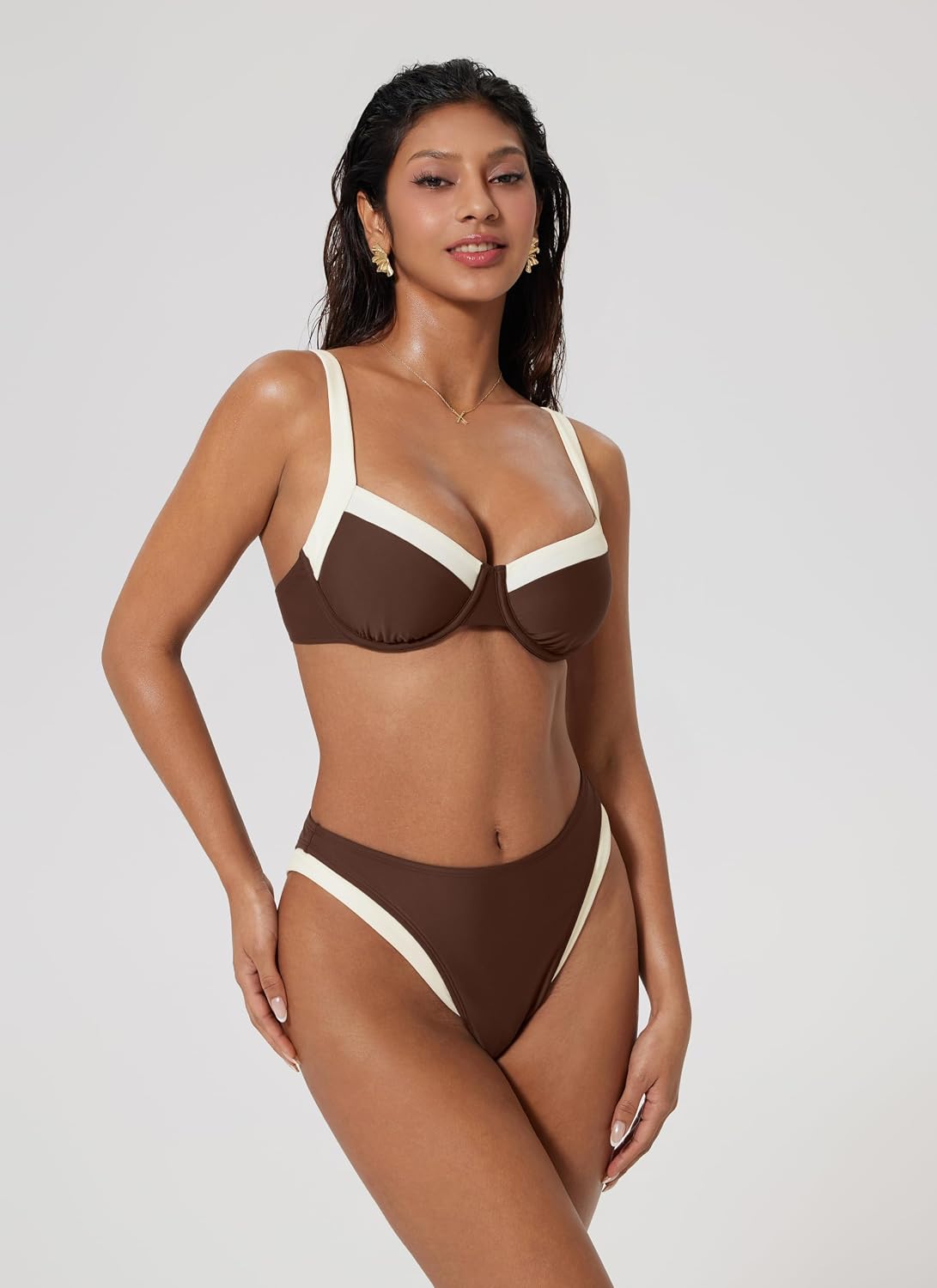HOTSUUKSESS Women Color Block Underwire Bikini Sets High Waisted Bathing Suit
