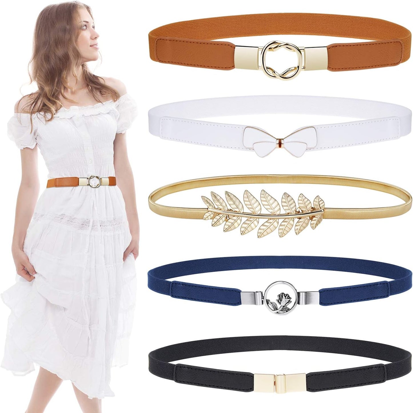 HOTEAONE Skinny Belts for Women 5 Pack, Fashion Dress Belts Stretch Women Waist Belts Plus Size Elastic Waist Band for Dresses