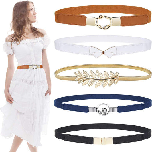 HOTEAONE Skinny Belts for Women 5 Pack, Fashion Dress Belts Stretch Women Waist Belts Plus Size Elastic Waist Band for Dresses