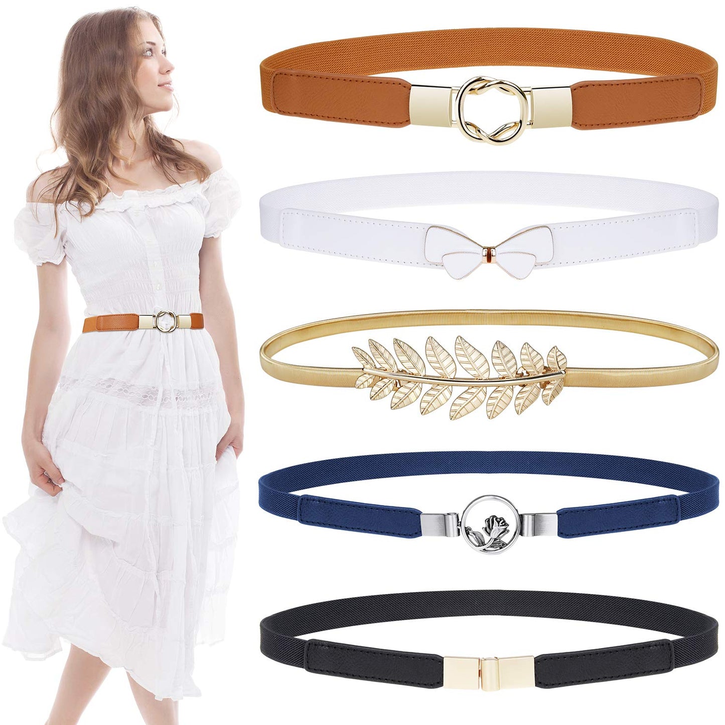 HOTEAONE Skinny Belts for Women 5 Pack, Fashion Dress Belts Stretch Women Waist Belts Plus Size Elastic Waist Band for Dresses