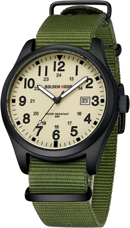 HOTGOLDEN HOUR Men's Nylon Slip-Thru Strap Watch with Military Time Easy Read Dial Glowing Hands