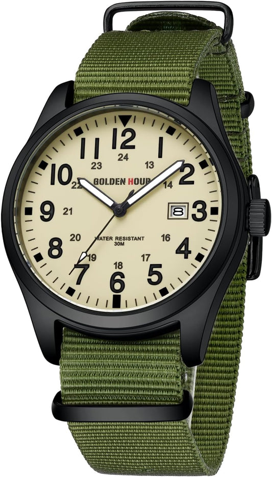 HOTGOLDEN HOUR Men's Nylon Slip-Thru Strap Watch with Military Time Easy Read Dial Glowing Hands