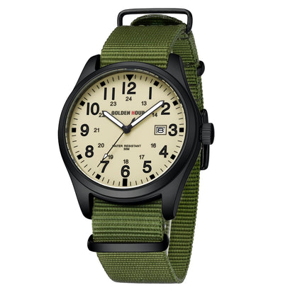 HOTGOLDEN HOUR Men's Nylon Slip-Thru Strap Watch with Military Time Easy Read Dial Glowing Hands