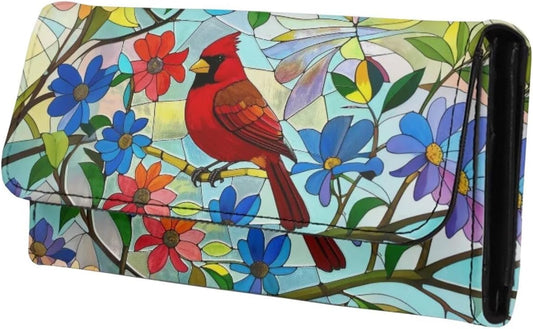 HOTNorth Cardinals Bird Women Wallet Long Trifold Checkbook Wallets with Zipper Pocket, Mosaic Art Birds Flowers Credit Card Holder PU Leather Billfold Wallet Purse
