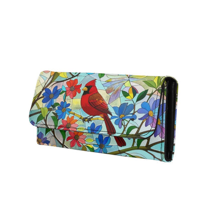 HOTNorth Cardinals Bird Women Wallet Long Trifold Checkbook Wallets with Zipper Pocket, Mosaic Art Birds Flowers Credit Card Holder PU Leather Billfold Wallet Purse