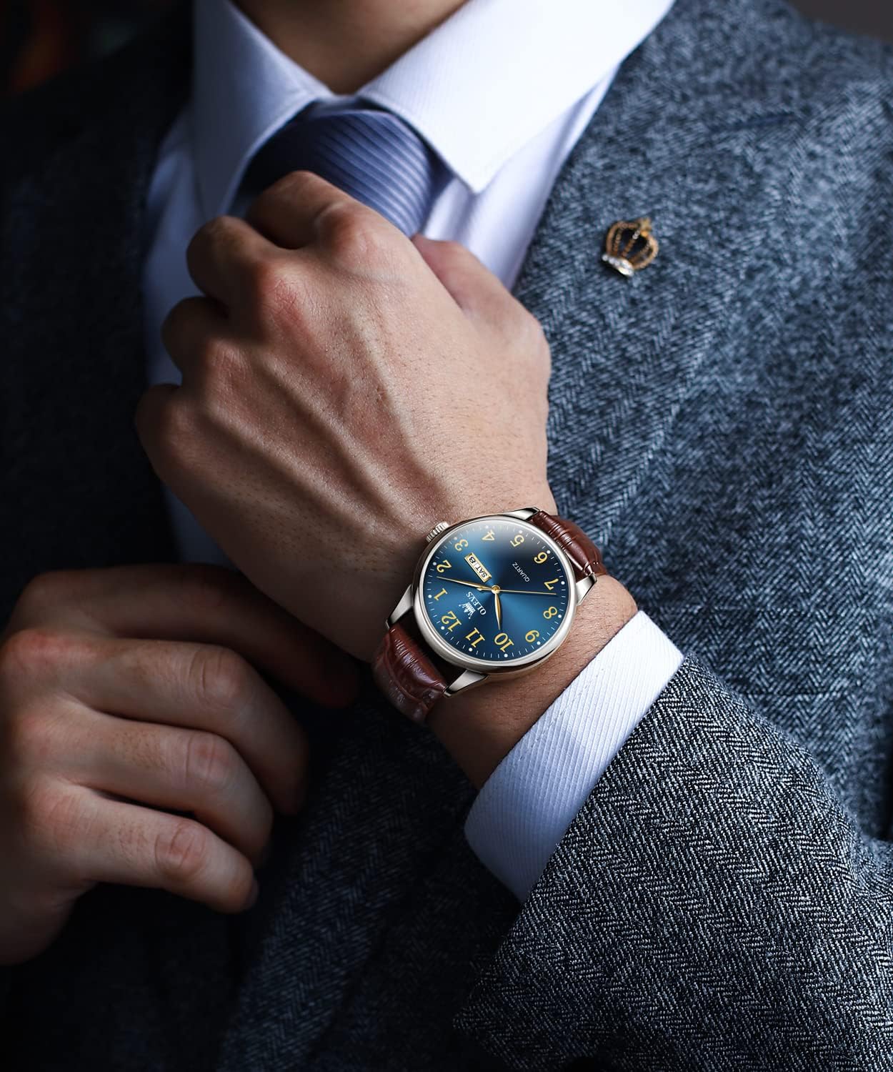 HOTOLEVS Mens Watches Vintage Leather Band Dress Classic Easy Reader Arabic Numerals Analog Quartz Waterproof Date Day Men's Wrist Watches