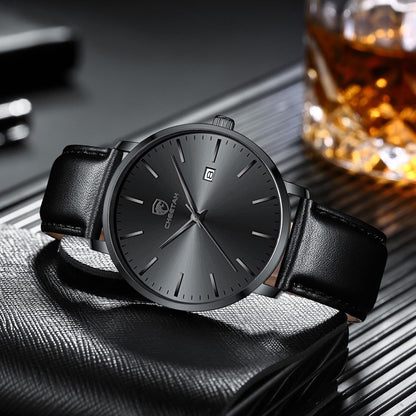 HOTCHEETAH Minimalist Waterproof Quartz Watches for Men with Leather Strap, Auto Date