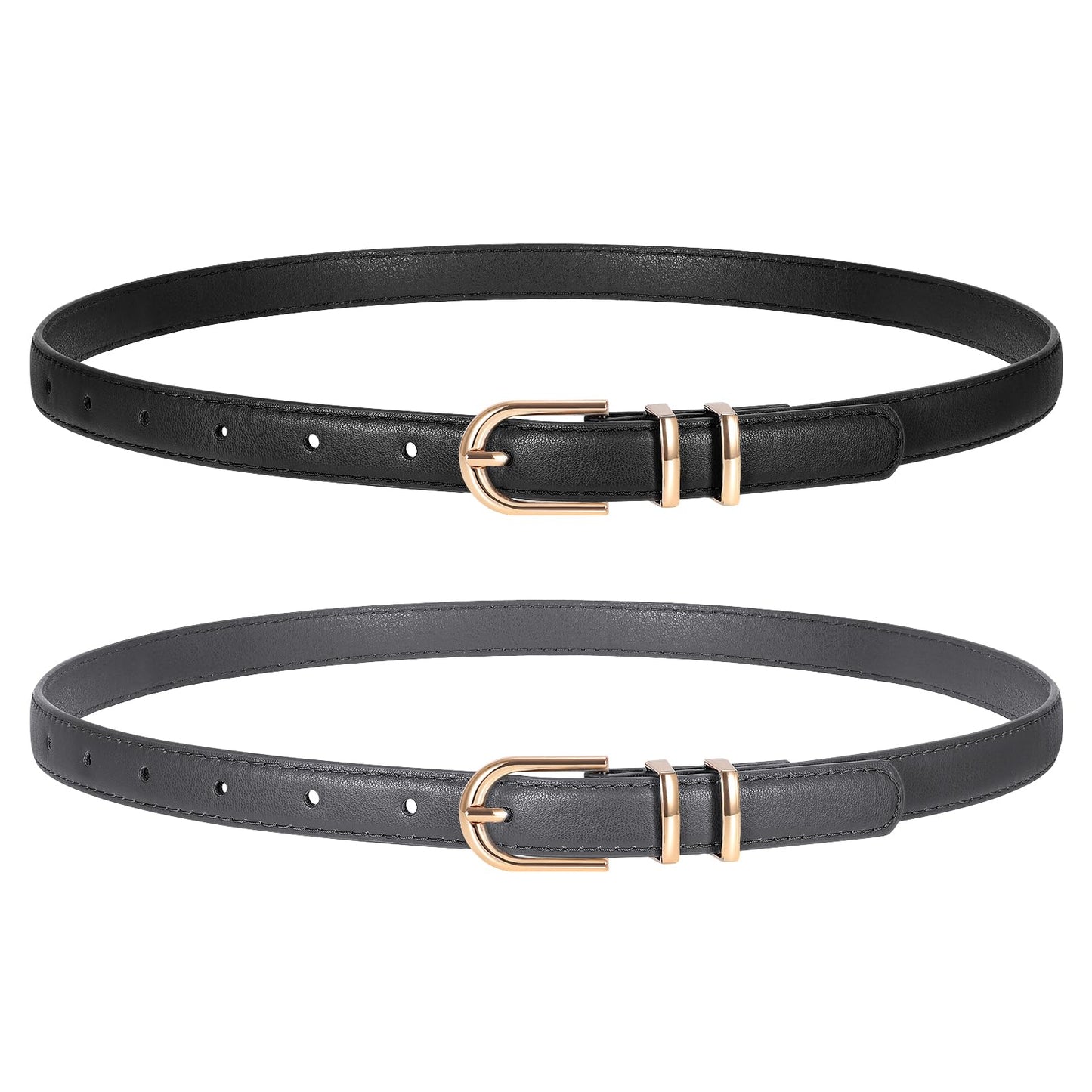 HOTTRIWORKS 2 Pack Women Skinny Leather Belts for Jeans Pants Thin Faux Leather Belt with Gold Buckle