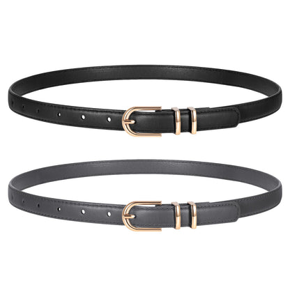HOTTRIWORKS 2 Pack Women Skinny Leather Belts for Jeans Pants Thin Faux Leather Belt with Gold Buckle