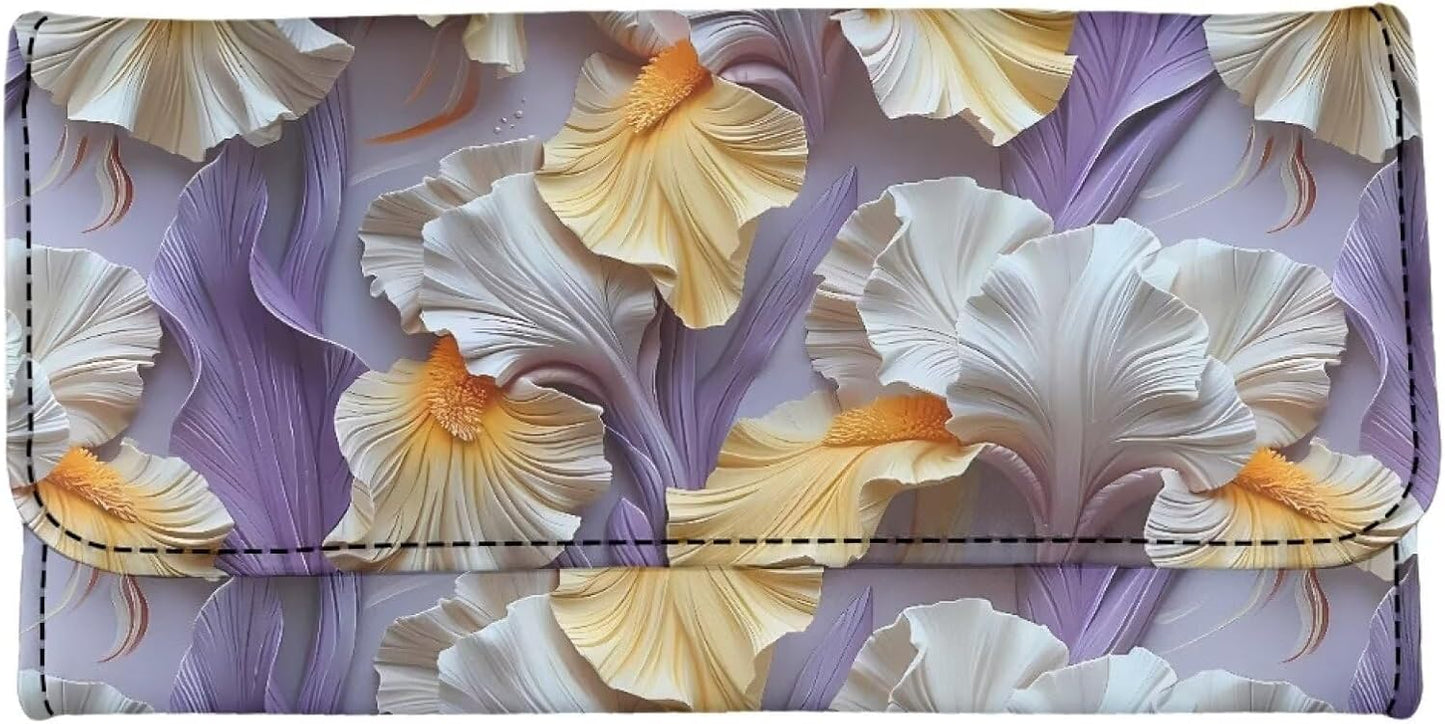 HOTPainting Iris Long Wallets for Women PU Leather Ladies Billfold Wallet,Snap Closure, Purple White Yellow Flowers Trifold Clutch Checkbook Purse with Zipper Pocket