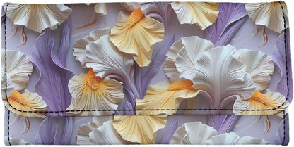 HOTPainting Iris Long Wallets for Women PU Leather Ladies Billfold Wallet,Snap Closure, Purple White Yellow Flowers Trifold Clutch Checkbook Purse with Zipper Pocket