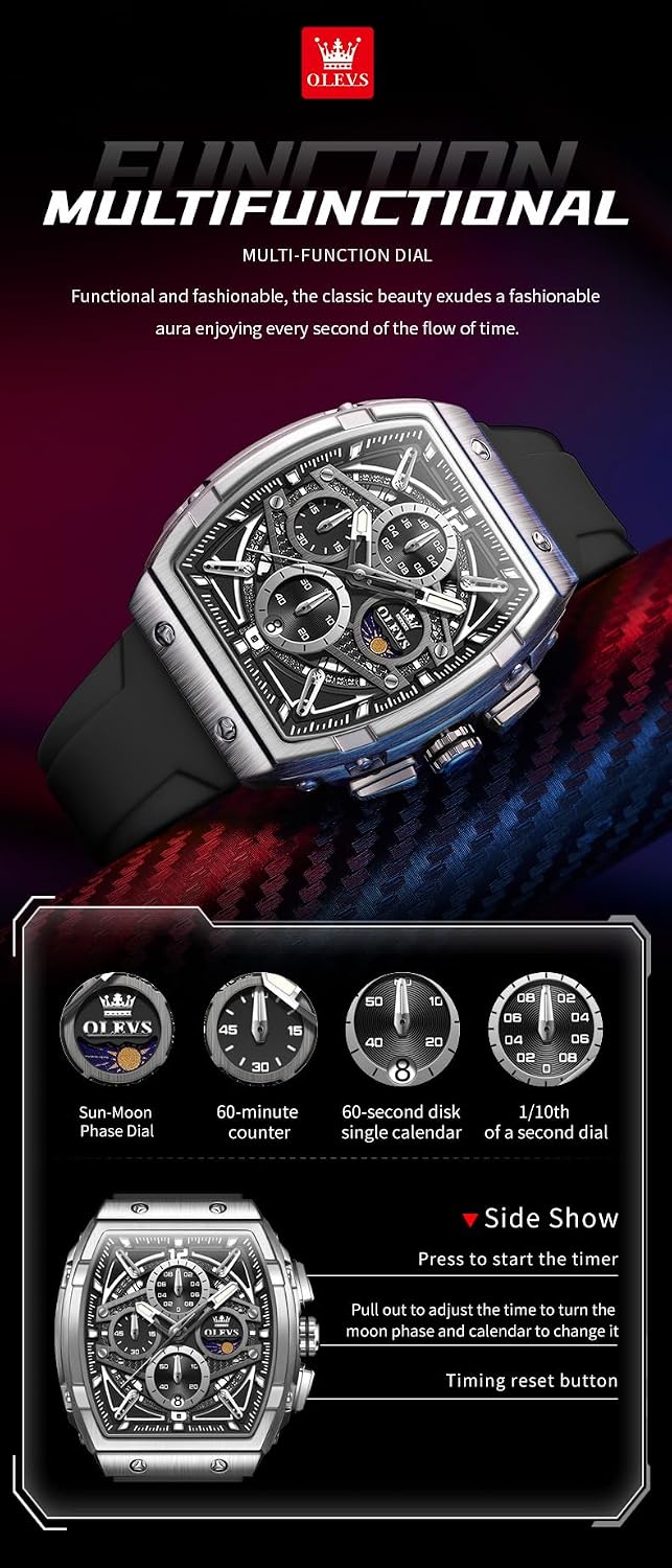 HOTOLEVS Men Watches Business Dress Chronograph Big Square Quartz Analog Male Watch Silicone Strap Waterproof Date Gift Mens Wrsit Watch Silver