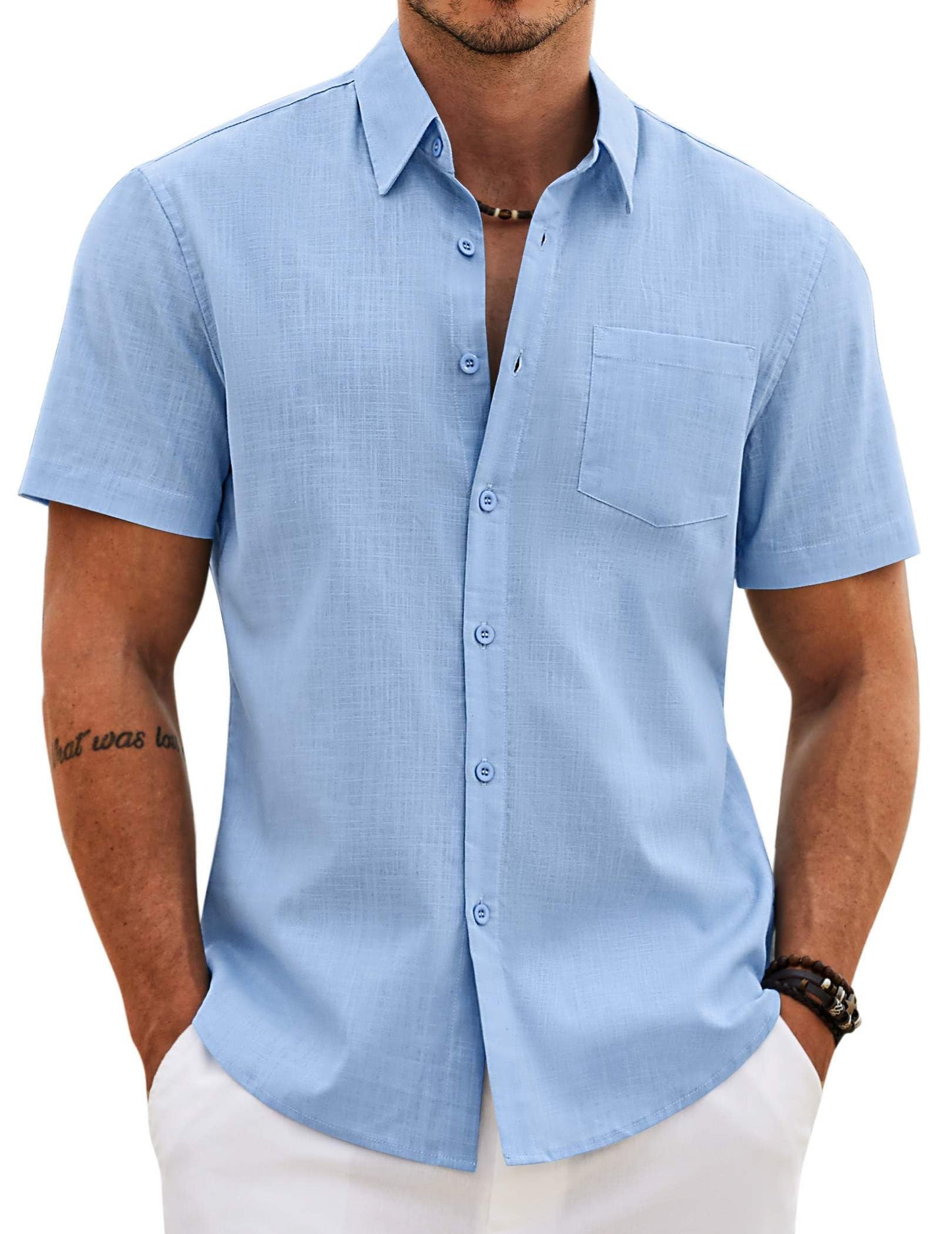 HOTCOOFANDY Men's Button Down Short Sleeve Shirt Casual Cotton Summer Beach Wedding Linen Shirts with Pocket