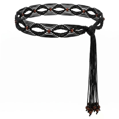 HOTWHIPPY Boho Braided Belt for Women Western Belt With Hand-Woven Wax Rope Country Tassel Belts for Dress, 2" Wide