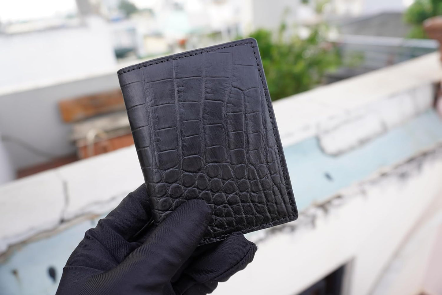 HOTBlack Alligator Leather Business Card Holder Men Minimalist Crocodile Bifold Front Pocket Card Wallet Double Side Travel ID Case Handmade Card Case