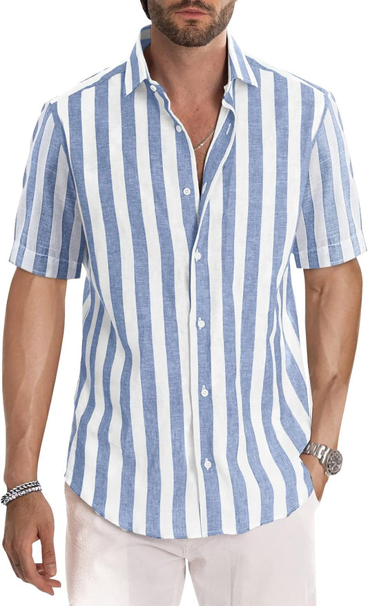 HOTJMIERR Men's Casual Stylish Short Sleeve Button-Up Striped Dress Shirt Cotton Beach Shirts