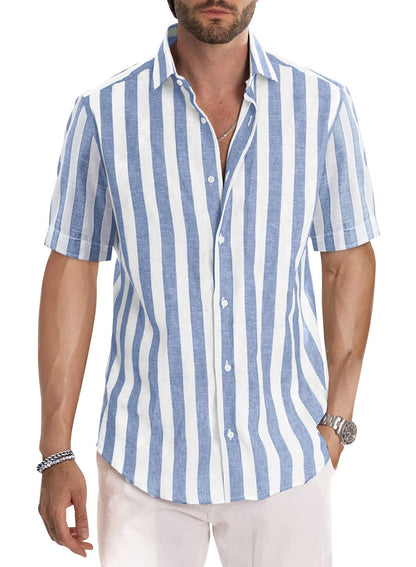 HOTJMIERR Men's Casual Stylish Short Sleeve Button-Up Striped Dress Shirt Cotton Beach Shirts