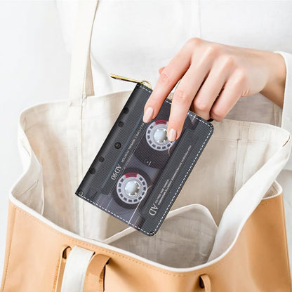 HOTCredit Card Holder Wallets for Women, Small RFID Wallet Slim Leather Card Organizer Case with Zipper, Retro Music Cassette