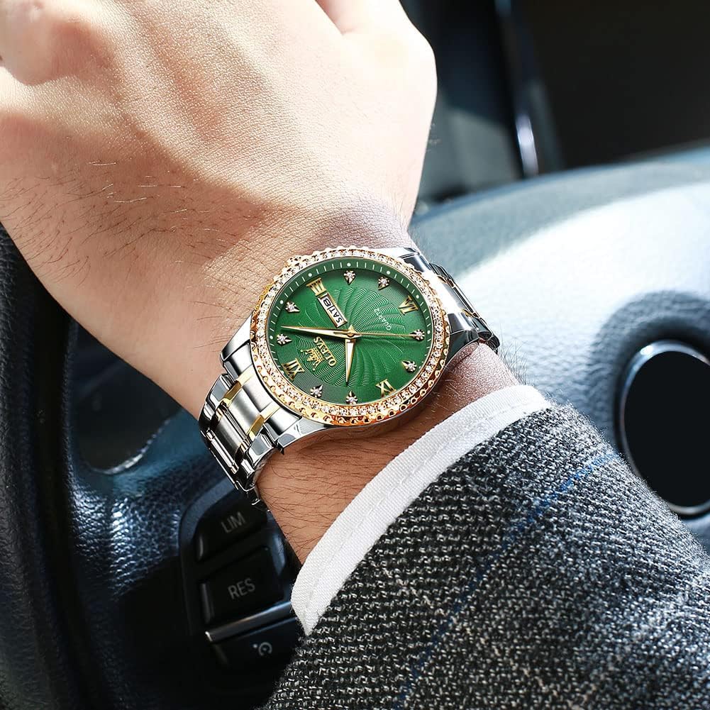 HOTOLEVS Men's Casual Stainless Steel Watch, Big Face Easy to Read Analog Quartz Watch with Day and Date, Classic Waterproof Diamond Roman Arabic Numeral Dial Dress Watch for Men, Gold Silver Black Band