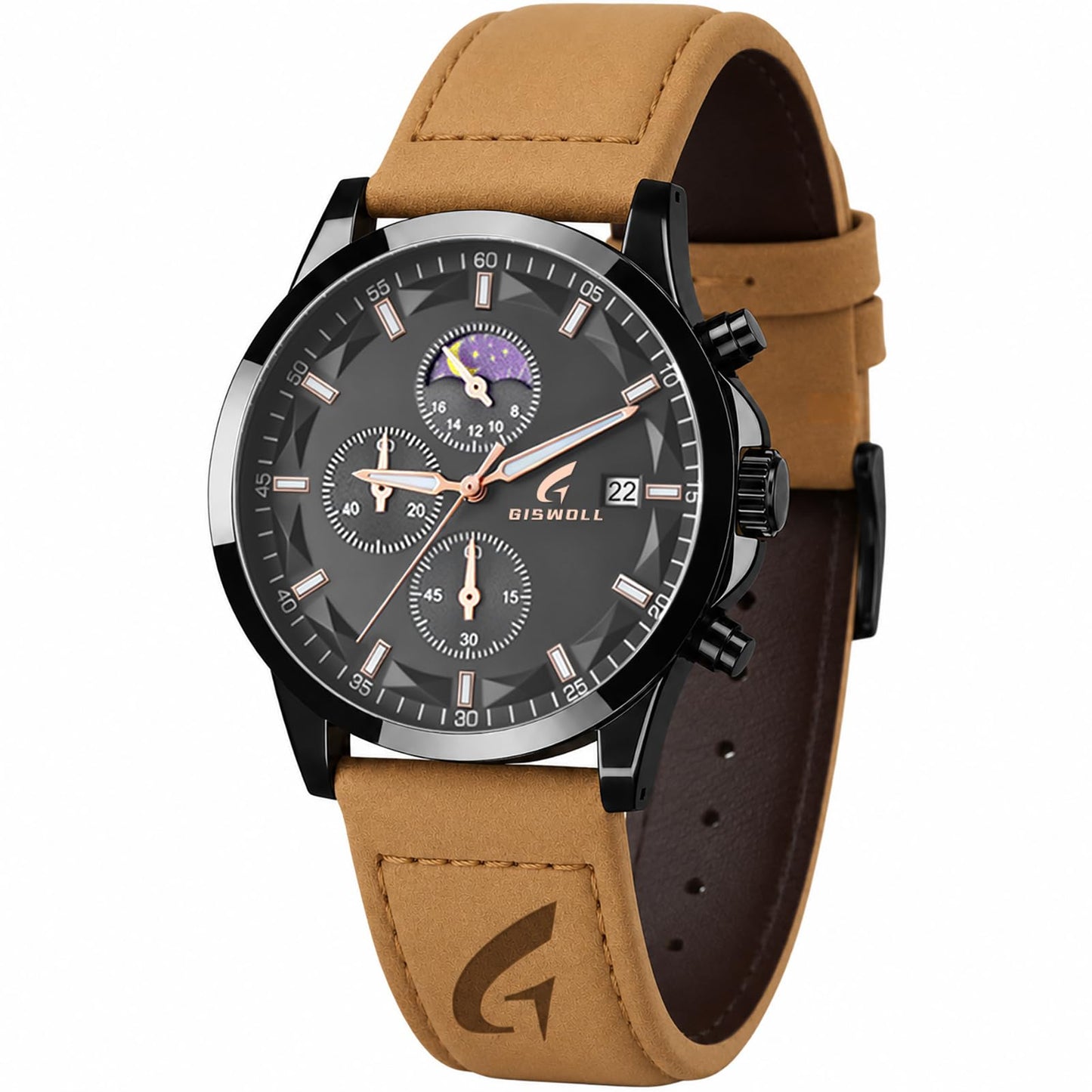 HOTFashion Casual Analog Watches for Men with Functional Chronograph Subdials | Mens Watches with Decorative Sun-Moon Dial, Auto Date, Dual Timers, Luminous, Waterproof, Gifts for Men Dad Husband Boyfriend