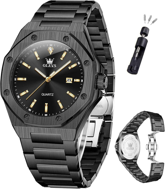 HOTOLEVS Mens Watches Octagonal Luxury Stainless Steel Dress Watches for Men Quartz Analog Large Face Luminous Relojes para Hombres